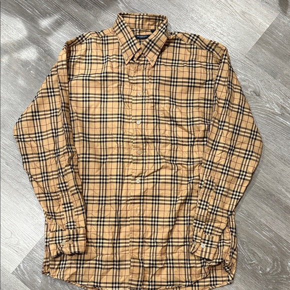 Burberry Men’s Dark Beige and Black Checkered Shirt Medium